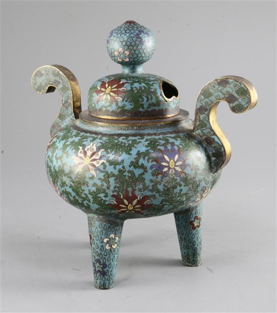 A Chinese cloisonne enamel ding censer and cover, late 19th / early 20th century, height 26cm